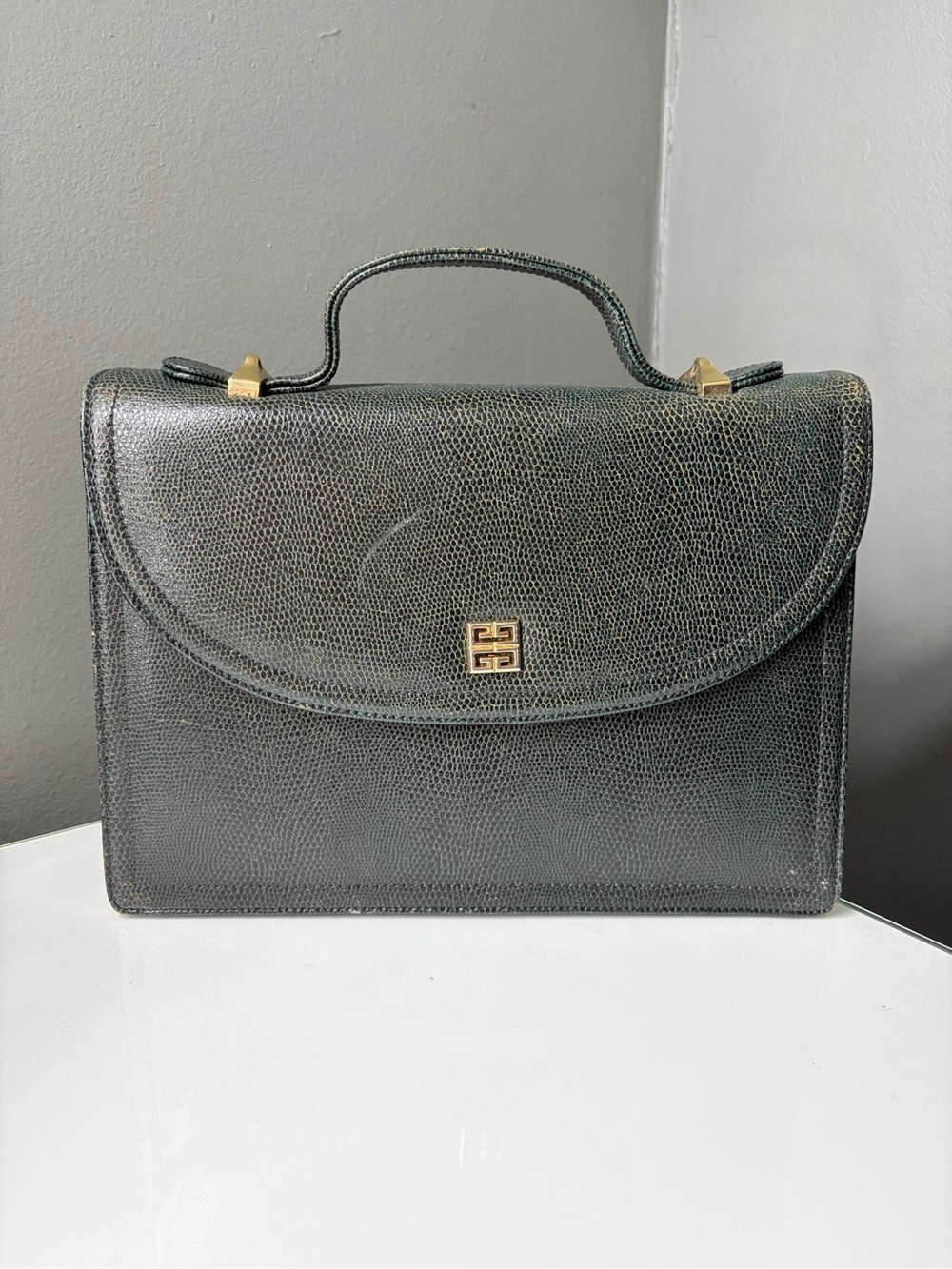 Vintage Givenchy Green Lizard Print leather 2 Way Handbag